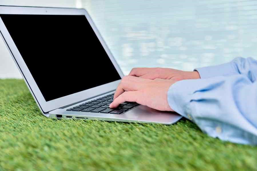 Person using laptop on artificial grass